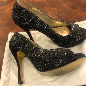 Benjamin Adams London Black Crystallized Satin Dress Pumps, US 7.5